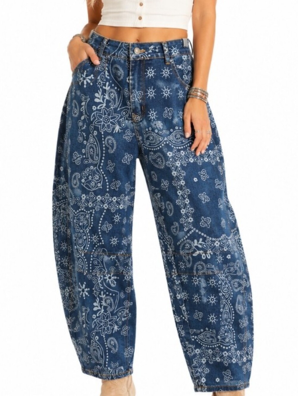 Loveimgs Bandana Good Luck Barrel Jeans - Navy XL (Fits S-M Runs Small) Boho